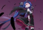 1girl black_dress black_thighhighs black_wings blue_eyes blue_hair commentary cure_sky cut_bangs dark_persona dress earrings feathered_wings feathers fingerless_gloves from_side gloves glowing glowing_eyes grey_gloves hirogaru_sky!_precure jewelry long_hair looking_at_viewer magical_girl multicolored_hair open_mouth precure puffy_short_sleeves puffy_sleeves red_eyes red_hair short_dress short_sleeves single_sidelock single_wing sleeveless sleeveless_dress solo sora_harewataru standing streaked_hair thighhighs tiler_(tiler00) twintails very_long_hair wind wing_hair_ornament wings 
