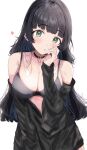  1girl :o absurdres black_choker black_hair blunt_bangs blush bocchi_the_rock! bra breasts chin_piercing choker colored_inner_hair ear_piercing green_eyes grey_bra hand_on_own_face heart highres hime_cut large_breasts long_hair long_sleeves looking_at_viewer multicolored_hair no_pants pa-san partially_unzipped piercing simple_background sunya_(honorin-yuunibo) track_suit underwear 