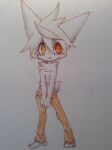 2014 ambiguous_gender anthro barefoot blush bottomwear brown_bottomwear brown_clothing brown_pants cheek_tuft clothing facial_tuft feet hair heterochromia kemono kemorau mammal marker_(artwork) open_mouth orange_eyes pants pants_only solo traditional_media_(artwork) tuft white_hair yellow_eyes