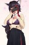  1girl animal_ear_fluff animal_ears black_hair black_skirt bra breasts brown_cardigan cardigan cellphone cleavage clothes_lift covering_own_eyes fang highres holding holding_phone hololive kollerss large_breasts lifted_by_self long_hair multicolored_hair ookami_mio ookami_mio_(street) open_cardigan open_clothes phone purple_bra red_hair red_nails shirt_lift skirt smartphone solo streaked_hair underwear very_long_hair virtual_youtuber wolf_ears 