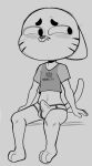 anthro barefoot black_eyebrows black_eyes black_whiskers blush blush_lines bulge cartoon_network clothed clothing cute_fangs domestic_cat ears_down embarrassed erection erection_under_clothing eyebrows feet felid feline felis greyscale gumball_watterson hi_res isz350 long_tail looking_aside male mammal monochrome pivoted_ears shirt sitting solo tail tenting the_amazing_world_of_gumball thick_eyebrows topwear underwear whiskers