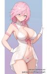  1girl bare_arms bare_shoulders blue_eyes breasts commentary commission cowboy_shot english_commentary final_fantasy final_fantasy_xiii gloves groin highres large_breasts lightning_farron looking_at_viewer navel panties pink_hair secon short_hair sleeveless smile solo standing stomach thighs underwear white_gloves white_panties 
