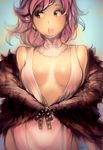  blue_background breasts choker cleavage dress earrings fur_coat highres jewelry lace lace_choker looking_to_the_side medium_breasts no_bra open_mouth original pink_eyes pink_hair short_hair signature solo typo_(requiemdusk) upper_body white_dress 