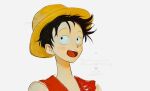  1boy black_hair close-up hat linerynlasgalen looking_to_the_side looking_up male_focus monkey_d._luffy one_piece red_shirt scar scar_on_face shirt short_hair simple_background sleeveless sleeveless_shirt solo straw_hat white_background 