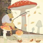  absurdres animal animal_focus autumn_leaves bottomless closed_mouth clothed_animal falling_leaves fishing fly_agaric frog highres horizontal_pupils leaf mushroom no_humans original outdoors ripples sitting sitting_on_mushroom tono_(rt0no) tree water 
