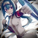  1girl blue_hair blurry blurry_background breasts chakram clenched_hands crosscode detached_sleeves hair_between_eyes headgear holding holding_weapon inuko_(ink0425) jacket lea_(crosscode) long_hair looking_at_viewer ponytail red_eyes red_sleeves scar scar_on_face smile solo tagme weapon 