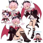  1boy absurdres animal_ears bat_ears bat_tail bat_wings cat closed_eyes dahlia_(genshin_impact) english_text fang full_body genshin_impact grey_eyes hat heterochromia highres male_focus open_mouth otoko_no_ko pink_hair purple_eyes short_hair shorts simple_background smile solo tamasamaa white_background wings 