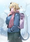  1girl animal_ears arknights blue_jacket blue_tail blurry blurry_background brown_hair commentary_request heka=ton highres jacket long_sleeves purple_bag purple_eyes scarf snow solo utage_(arknights) winter winter_clothes 