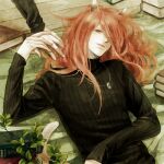  2boys androgynous animal_ears black_sweater cat_boy cat_ears cat_tail commentary_request fuhito green_eyes half-closed_eyes hand_on_hand highres jewelry lamento leaks long_hair looking_at_viewer lying male_focus multiple_boys necklace on_back orange_hair parted_lips pile_of_books plant potted_plant ribbed_sweater ring shui_(lamento) smile solo_focus sweater tail turtleneck turtleneck_sweater upper_body yaoi 