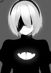  artist_name bangs blindfold breasts center_opening cleavage closed_mouth dress facing_viewer greyscale hairband highres juliet_sleeves large_breasts long_sleeves mole mole_under_mouth monochrome nier_(series) nier_automata puffy_sleeves short_hair signature sky_(freedom) solo turtleneck upper_body yorha_no._2_type_b 
