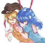  animal_ears asuzemu blonde_hair blue_dress blue_hair bunny_ears closed_eyes dress drill_hair flat_cap floppy_ears hat hug long_hair multiple_girls one_eye_closed open_mouth orange_shirt red_eyes ringo_(touhou) seiran_(touhou) shirt short_hair smile touhou 