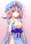  aki_chimaki blue_kimono breast_suppress breasts cleavage collarbone groin hat japanese_clothes kimono large_breasts mob_cap no_bra no_panties pink_eyes pink_hair saigyouji_yuyuko solo touhou triangular_headpiece veil 