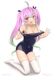  1girl ahoge black_one-piece_swimsuit breasts cleavage clothes_pull fang full_body gradient_hair green_hair hair_ribbon kantai_collection long_hair medium_breasts momo_(kancolle) multicolored_hair old_school_swimsuit one-hour_drawing_challenge one-piece_swimsuit one-piece_swimsuit_pull pink_hair ray.s red_eyes ribbon school_swimsuit simple_background sitting skin_fang solo swimsuit thighhighs twintails wariza white_background white_thighhighs 