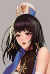  bad_id bad_pixiv_id bangs bare_shoulders black_eyes black_hair blush collarbone commentary cross cross_earrings cross_necklace dungeon_and_fighter earrings female_crusader_(dungeon_and_fighter) female_priest_(dungeon_and_fighter) hat jewelry looking_away monaim necklace open_mouth portrait solo sweat teeth 