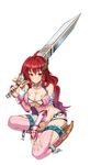  armor bikini_armor breasts full_body hair_ornament holding holding_sword holding_weapon kisaragi_setsuna kure_masahiro large_breasts long_hair official_art red_eyes red_hair simple_background smile solo sword valkyrie_drive valkyrie_drive_-siren- weapon white_background 