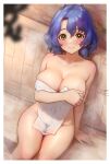  1girl blue_hair blush breasts brown_eyes c_(theta) closed_mouth collarbone commentary_request highres idolmaster idolmaster_million_live! large_breasts looking_at_viewer naked_towel sauna short_hair smile solo steam thighs towel toyokawa_fuka water 