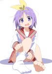  1girl absurdres blush cynical_(llcbluckg_c004) embarrassed feet hairband hands_on_own_legs highres hiiragi_tsukasa lucky_star neckerchief on_floor open_mouth pink_neckerchief purple_eyes purple_hair removing_sock single_barefoot single_sock sitting socks solo toes undressing white_background white_socks yellow_hairband 