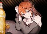  1girl alcohol bare_shoulders blush bottle breasts cleavage closed_mouth cup detached_sleeves drinking_glass earrings elbow_rest feather_earrings feathers high_ponytail highres hololive hololive_english ice ice_cube jewelry large_breasts looking_at_viewer orange_hair pink_eyes sak1_01 sidelocks smile solo takanashi_kiara virtual_youtuber 