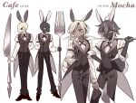  2boys animal_ears arm_behind_back black_fur black_hair black_necktie black_pants butler cafe_(sugar_bunny_recipe) character_name collared_shirt dark-skinned_male dark_skin fork full_body furry furry_male hand_on_own_hip hand_up highres holding holding_fork holding_knife knife long_hair long_sleeves looking_at_viewer low_ponytail male_focus meremero mocha_(sugar_bunny_recipe) monocle multicolored_hair multiple_boys necktie open_mouth oversized_object pants rabbit_boy rabbit_ears rabbit_tail shirt smile standing streaked_hair sugar_bunny_recipe suit tail tailcoat white_fur white_hair white_shirt 