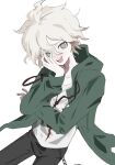  1girl :d black_pants blush danganronpa_(series) danganronpa_2:_goodbye_despair green_jacket grey_hair grey_shirt hair_between_eyes hand_up highres hood hood_down hooded_jacket jacket jun_(lllllllllkatte) komaeda_nagito long_sleeves messy_hair pants print_shirt shirt simple_background smile solo teeth upper_teeth_only white_background 