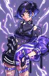  1girl absurdres black_bra black_hair black_jacket blush bra choker electricity fingerless_gloves gloves highres jacket kaatokun multicolored_hair purple_eyes purple_hair purple_jacket reina_(tekken) short_hair simple_background solo tekken tekken_8 underwear 