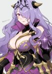  1girl armor breast_strap breasts camilla_(alluring_darkness)_(fire_emblem) camilla_(fire_emblem) cleavage crown dress fake_horns fire_emblem fire_emblem_fates fire_emblem_heroes frilled_dress frills gloves hair_over_one_eye highres horned_headwear horns large_breasts long_hair looking_at_viewer official_alternate_costume peach11_01 purple_dress purple_eyes purple_gloves purple_hair smile solo tiara very_long_hair wavy_hair 