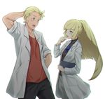  1girl arm_behind_back blonde_hair chromatic_aberration gem green_eyes hand_behind_head husband_and_wife labcoat long_hair long_sleeves lusamine_(pokemon) mohn open_clothes open_mouth pokemon pokemon_(game) pokemon_sm red_shirt shirt short_hair simple_background sleeves_rolled_up sugarbeat white_background younger 