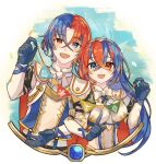  1boy 1girl absurdres alear_(female)_(fire_emblem) alear_(fire_emblem) alear_(male)_(fire_emblem) blue_eyes blue_gloves blue_hair braid crossed_bangs crown_braid fire_emblem fire_emblem_engage gloves heterochromia highres multicolored_hair netugen33 open_mouth red_eyes red_hair split-color_hair two-tone_hair 