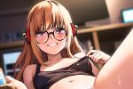  1girl absurdres bare_shoulders behind-the-head_headphones black_camisole blurry blurry_background blush breasts camisole collarbone crop_top flashing glasses grin headphones highres indoors kagami_art leaning_back light_particles long_hair monitor navel nipple_slip nipples orange_hair persona persona_5 pulled_by_self purple_eyes round_eyewear sakura_futaba small_breasts smile solo stomach sweat teeth 