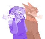 4_ears anthro breath clothed clothing corzh77 dragon duo ears_back female fur furred_dragon glistening glistening_eyes hair male mouth_closed multi_ear pivoted_ears scarf short_hair simple_background species_request standing topwear