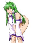  :d ^_^ antenna_hair armpit_peek bangs bare_shoulders blush bottomless breasts closed_eyes commentary_request detached_sleeves frog_hair_ornament green_hair hair_ornament hair_tubes hands_on_own_knees heavy_breathing highres itou_yuuji japanese_clothes kochiya_sanae large_breasts leaning_forward long_hair long_sleeves nontraditional_miko open_mouth shirt smile snake_hair_ornament solo sweat tareme touhou white_shirt wide_sleeves 