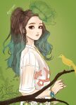  1girl bird bracelet brown_eyes brown_hair commentary_request green_background green_hair jewelry joy96green joy_(red_velvet) korean_commentary looking_to_the_side multicolored_hair necklace profile red_velvet_(group) shirt simple_background solo twintails two-tone_hair upper_body white_shirt 