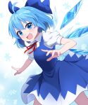  1girl :d ahoge blue_bow blue_dress blue_hair blush bow cirno collared_shirt commentary_request cowboy_shot dress floating_hair hair_between_eyes hair_bow hand_up highres ice ice_wings index_finger_raised kisaragi_koushi looking_at_viewer neck_ribbon open_mouth outstretched_arm puffy_short_sleeves puffy_sleeves red_ribbon ribbon shirt short_hair short_sleeves simple_background sleeveless sleeveless_dress smile smug snowflakes solo tareme touhou v-shaped_eyebrows white_background white_shirt wings 