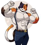 :3 absurd_res anthro belt bottomwear calico_cat clothing domestic_cat epic_games felid feline felis flexing fortnite hi_res male mammal meowscles mottaxio muscular pants solo solo_focus tail watermark