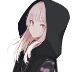  1other akiyama_mizuki black_jacket closed_mouth expressionless from_side highres hood hood_down hooded_jacket jacket long_bangs long_hair looking_at_viewer pink_eyes pink_hair project_sekai sidelocks simple_background solo straight_hair upper_body white_background yato_kamo 