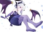  1girl bare_shoulders black_halo blue_archive blush closed_mouth commentary_request demon_horns demon_wings dress elbow_gloves feet from_below full_body gloves grey_hair hair_bun halo heart hina_(blue_archive) hina_(dress)_(blue_archive) horns jewelry knees_together_feet_apart knees_up long_hair looking_at_viewer necklace no_shoes official_alternate_costume pantyhose parted_bangs pearl_necklace purple_dress purple_eyes purple_gloves purple_pantyhose sasanoha_(sasanoha0712) short_dress simple_background single_hair_bun sitting slit_pupils solo strapless strapless_dress sweatdrop toes tsurime white_background wings 