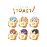  6+boys axel_syrios banzoin_hakka bearloaff black_hair blonde_hair blue_hair blush chibi closed_mouth english_commentary english_text food fried_egg fried_egg_on_toast gavis_bettel grey_hair highres holostars holostars_english josuiji_shinri long_hair machina_x_flayon male_focus multicolored_hair multiple_boys pink_hair ponytail purple_hair red_hair regis_altare short_hair sleeping two-tone_hair virtual_youtuber watermark white_background 