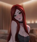  1girl absurdres artist_name bare_shoulders bedroom black_bra black_choker blush bra breasts choker cleavage green_eyes highres katarina_(league_of_legends) league_of_legends lingerie long_hair looking_at_viewer red_hair scar scar_across_eye scar_on_face shio_aw signature underwear 