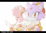  2girls amy_rose animal_ears blaze_the_cat cat_ears cat_girl closed_eyes floral_print flower forehead_jewel furry furry_female gloves hair_flower hair_ornament highres japanese_clothes kimono looking_at_viewer multiple_girls open_mouth ponytail posojo123 sonic_(series) white_gloves yellow_eyes 