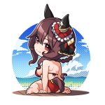  1girl animal_ears ass bare_arms bare_legs bare_shoulders barefoot bikini blush breasts brown_hair closed_mouth from_behind gentildonna_(umamusume) hair_between_eyes highres horse_ears horse_girl horse_tail large_breasts looking_at_viewer looking_back red_bikini red_eyes short_hair sitting smile soles solo swimsuit tail toes umamusume warashi 