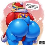 anthro avian backsack balls bird butt chubby_cheeks clothing el_booki genitals hi_res king_dedede kirby_(series) looking_at_viewer looking_back male nintendo overweight overweight_male penguin presenting presenting_hindquarters robe speech_bubble text thong underwear