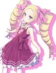  1girl :&lt; bare_arms beatrice_(re:zero) blonde_hair blue_eyes blush closed_mouth dress drill_hair feet_out_of_frame frilled_dress frills hair_ribbon holding holding_clothes holding_dress long_hair looking_at_viewer pantyhose pink_ribbon re:zero_kara_hajimeru_isekai_seikatsu red_dress ribbon s_(hdru2332) shadow sidelocks sleeveless sleeveless_dress solo standing symbol-shaped_pupils twin_drills white_background white_pantyhose 