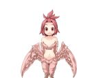  1girl bare_shoulders bird_legs bmp-to-png_conversion feathers frfr hair_intakes harpy looking_at_viewer medium_hair midriff mon-musu_quest! monster_girl navel non-web_source pii_(mon-musu_quest!) ponytail red_eyes red_feathers red_hair red_wings smile solo transparent_background winged_arms wings 