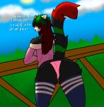 anthro bottomwear chromer.exe chromer_exe clothed clothing domestic_cat felid feline felis green_eyes green_hair gynomorph hair hi_res intersex legwear mammal panties raised_bottomwear raised_clothing solo text thigh_highs topwear underwear