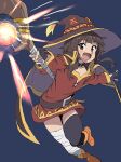  1girl absurdres bandaged_leg bandages belt black_cape black_hair blush boots cape dress fingerless_gloves gloves hat highres holding holding_staff kono_subarashii_sekai_ni_shukufuku_wo! looking_at_viewer magic megumin open_mouth red_dress red_eyes sadamoto_hokuto short_hair_with_long_locks single_thighhigh smile solo staff thighhighs witch_hat 