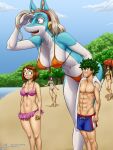  1boy 4girls abs animal_ears arm_around_shoulder beach bikini black_hair blonde_hair blue_eyes blue_skin blush_stickers bob_cut boku_no_hero_academia breasts brown_eyes brown_hair bulge colored_eyelashes colored_skin commentary constricted_pupils covered_nipples day english_commentary front-tie_bikini_top front-tie_top furry furry_female giant giantess green_hair hair_slicked_back hairband hanging_breasts height_difference highres ippan_josei jealous jirou_kyouka large_breasts leaning_forward long_eyelashes looking_at_another male_swimwear medium_hair microskirt midoriya_izuku monster_girl multiple_girls muscular muscular_male navel orange_bikini paid_reward_available pink_bikini red_hairband shading_eyes sharp_teeth skirt small_breasts snout spaghetti_strap spidu strap_gap swim_trunks swimsuit tankini teeth topless_male uraraka_ochako white_skin yaoyorozu_momo 