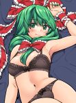  1girl arm_ribbon black_bra black_panties bow bra breasts commission frilled_bow frilled_ribbon frills front_ponytail fuuzasa green_eyes green_hair green_nails hair_bow hair_ribbon highres kagiyama_hina looking_at_viewer lying panties red_bow red_ribbon ribbon skeb_commission smile solo touhou underwear 