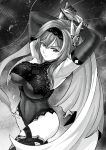  1girl :/ absurdres alternate_costume armpits arms_behind_head arms_up boots breasts cape closed_mouth cowboy_shot crossed_legs dutch_angle elbow_gloves eula_(genshin_impact) genshin_impact gloves greyscale hair_between_eyes hair_ornament highres holding holding_cape holding_clothes laba_laba_batu large_breasts light_particles looking_to_the_side medium_hair monochrome sidelocks solo taut_bodystocking thigh_boots thread 