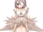  1boy 1girl bare_shoulders bird_legs blush bmp-to-png_conversion breasts brown_eyes brown_feathers brown_hair brown_wings censored cleavage cowgirl_position feathered_wings feathers frfr hair_between_eyes harpy hetero long_hair medium_breasts midriff mon-musu_quest! monster_girl mosaic_censoring navel non-web_source one_eye_closed open_mouth pina_(mon-musu_quest!) pov sex straddling sweat tank_top transparent_background white_tank_top winged_arms wings 