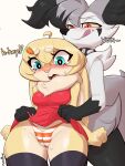 absurd_res ahoge anthro big_ears blue_eyes blush bodily_fluids bottomwear bottomwear_pull braixen camel_toe carrot carrot_hair_accessory cheek_marks chest_tuft choker clothed clothing clothing_lift clothing_pull collar covered_breasts dialogue duo female fist floppy_ears food fusion generation_3_pokemon generation_6_pokemon hair hi_res hip_tuft inner_ear_fluff jewelry lagomorph legwear leporid licking licking_lips male male/female mammal mandie_(psakorn_tnoi) mightyena myxen neck_tuft necklace nintendo open_mouth panties pattern_bottomwear pattern_clothing pattern_panties pattern_underwear plant pokemon pokemon_(species) pokemon_fusion psakorn_tnoi pubes pubes_exposed rabbit raised_bottomwear raised_clothing raised_skirt red_eyes skirt skirt_lift skirt_pull spikes standing_behind stockings striped_bottomwear striped_clothing striped_panties striped_underwear stripes sweat sweatdrop text tongue tongue_out tuft underwear vegetable wide_eyed yellow_sclera